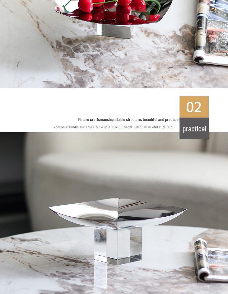 Minimalist Metal Square Fruit Bowl with Crystal Base for Dining or Coffee Tables