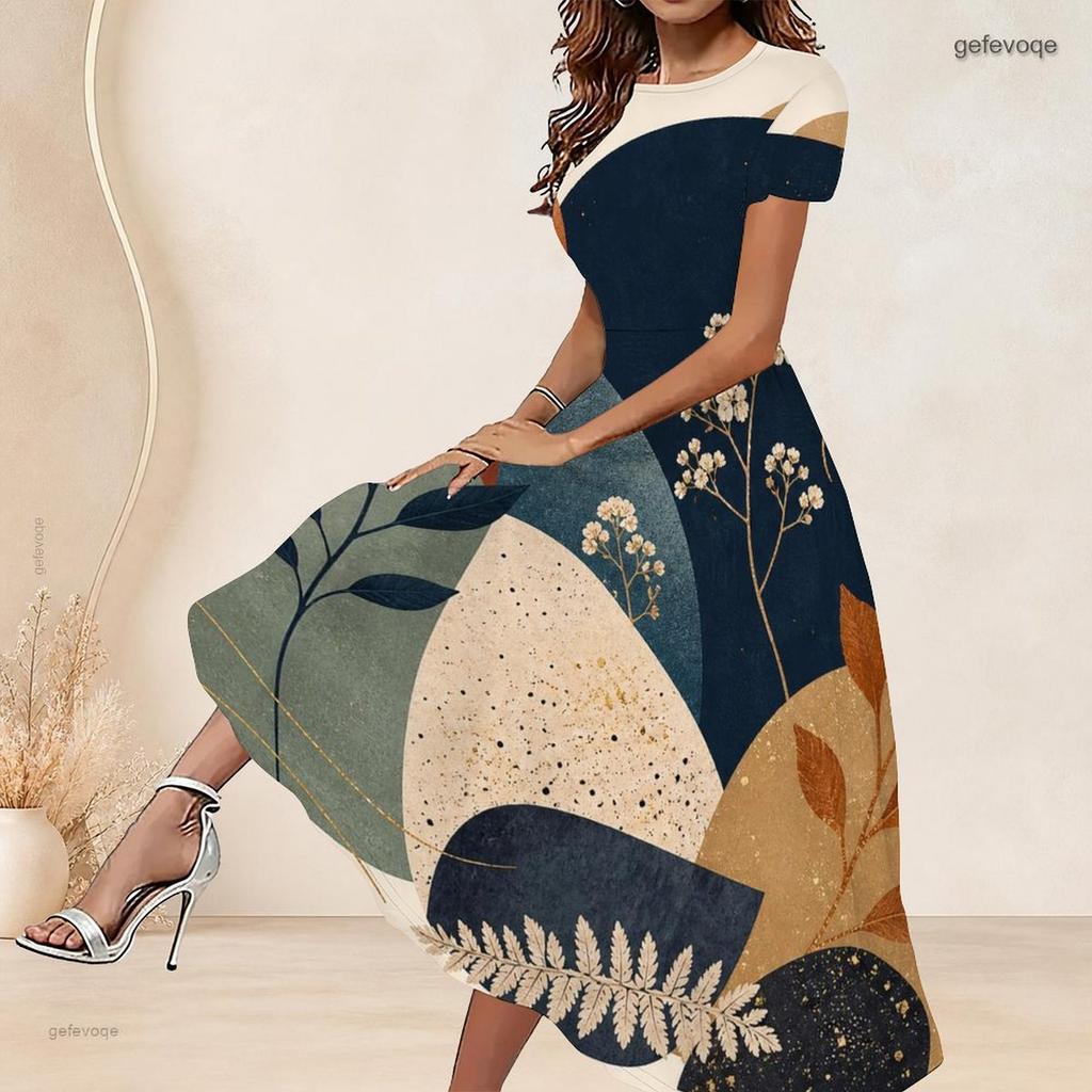 Women Plus Size Round Neck Short Sleeve Blue White Beige Printed Gathered Waist A Line Long Dress