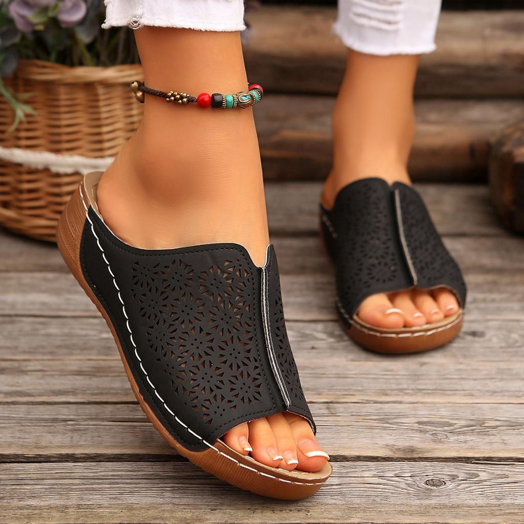 Summer Women's Large Size Round Head Retro Solid Color Sandals Hollow Sewing Line Wedge Sandals