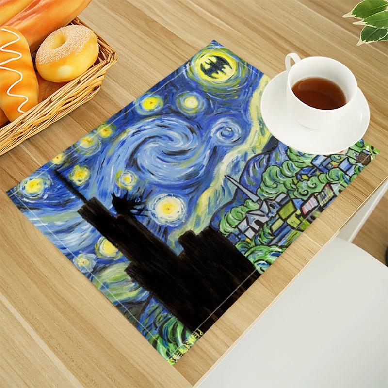 Van Gogh The Starry Night Print Linen Dining Table Mats Alphabet Kitchen Placemat 30X45cm Coasters Pads Bowl Cup Mat