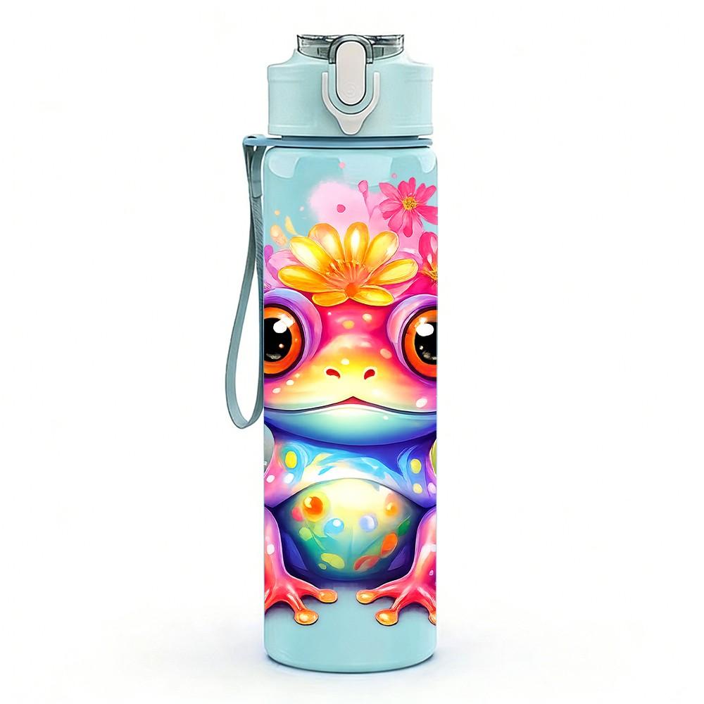 1PC Colorful Frog Cute Cartoon Print 750ml Color Plastic Sports Water Bottle Leakproof Flip Straw Lid Suitable for Sports Office Home Use