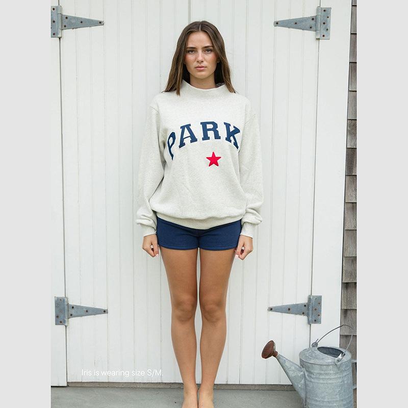 Women's Mock Neck Long Sleeve Oversized Casual Top Letter Star Patch Embroidery Cotton Vintage Streetwear Sweatshirt Blouse