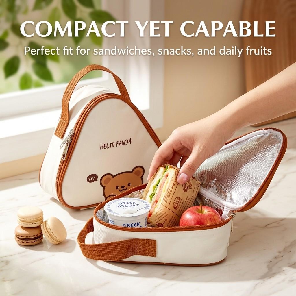 Picnic Thermal Lunch Bag With Handle Cute Cartoon Portable Insulated Bento Box Bag For Students Kids Mini Triangle Cooler Bag