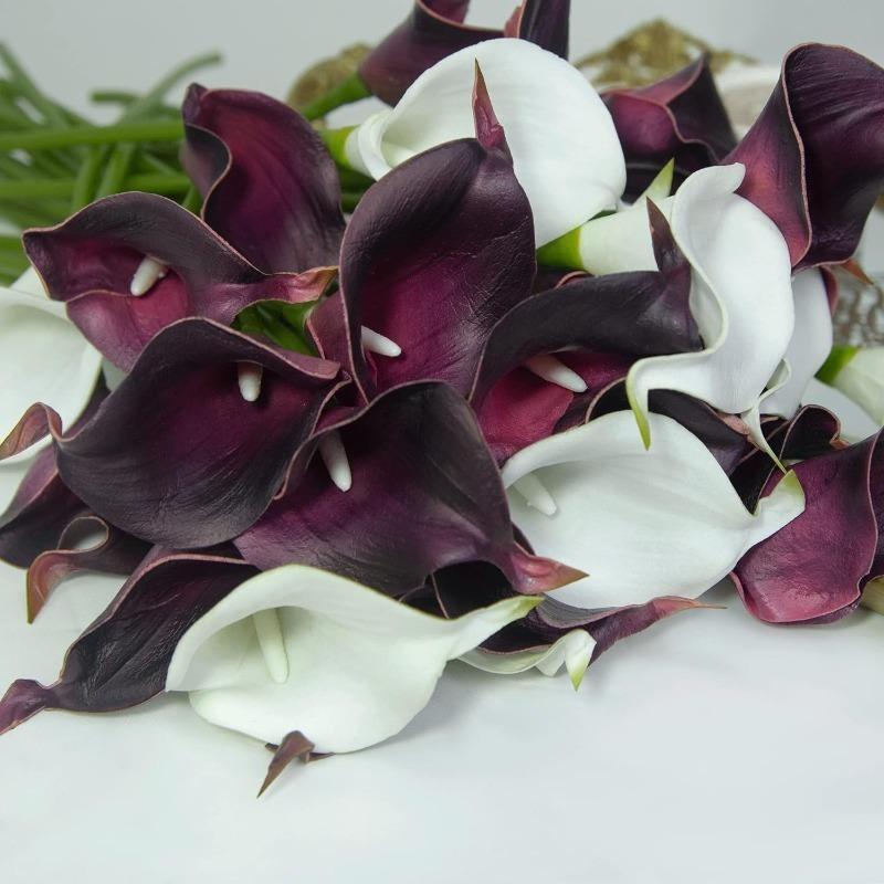 10pcs Realistic Touch Latex Artificial Calla Lilies | DIY Wedding Bouquet, Party Home Decoration (Black Purple)