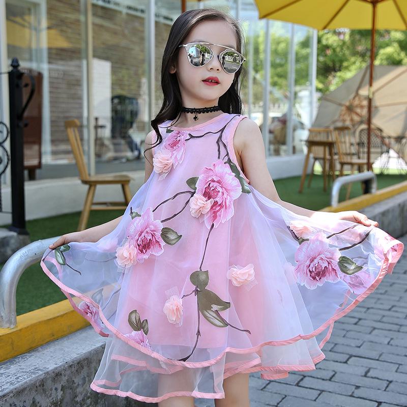 2025 New Summer Girls' Sleeveless Floral Chiffon Beach Dress for Toddlers & Kids