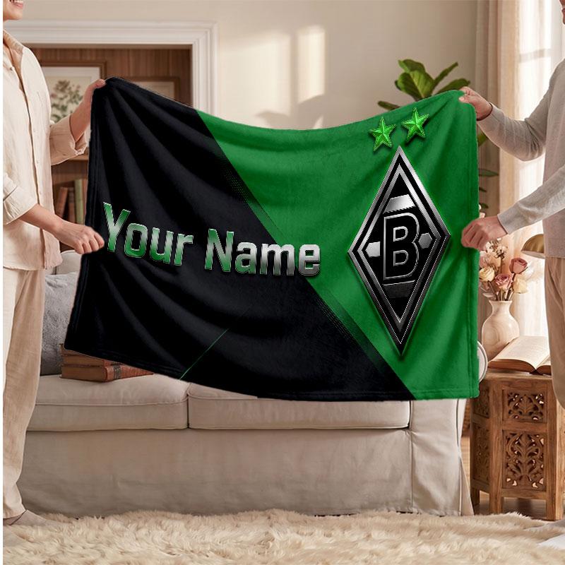 Borussia Mönchengladbach Personalized Fleece Blanket With Football Logo, Custom Name Text Soft Warm Home Throw Blanket