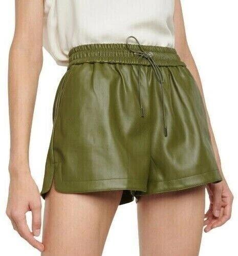 

Olive Green Leather Shorts Real Lambskin Shorts Drawstrings Stylish Women s S зелёный