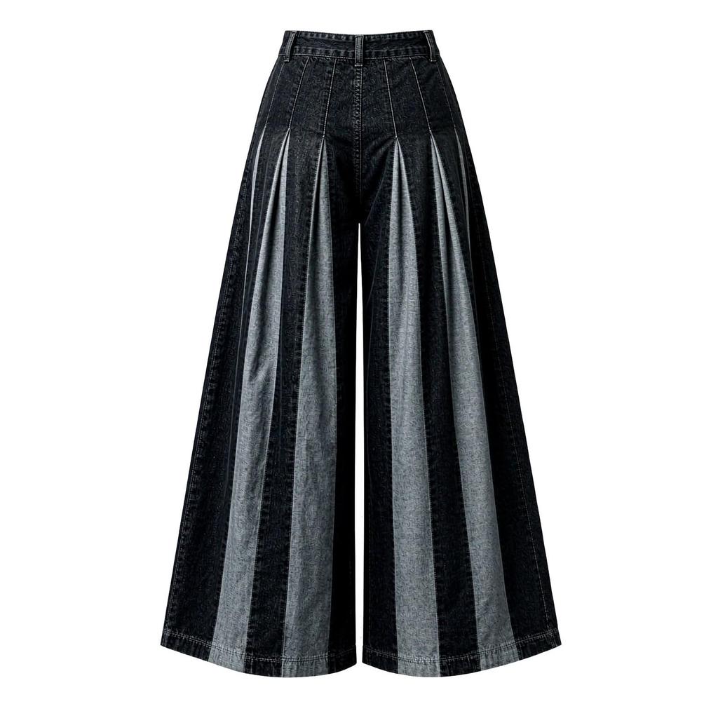 Women's Casual Vintage Loose Fit Patchwork Wide Leg Denim Jeans for Everyday Wear