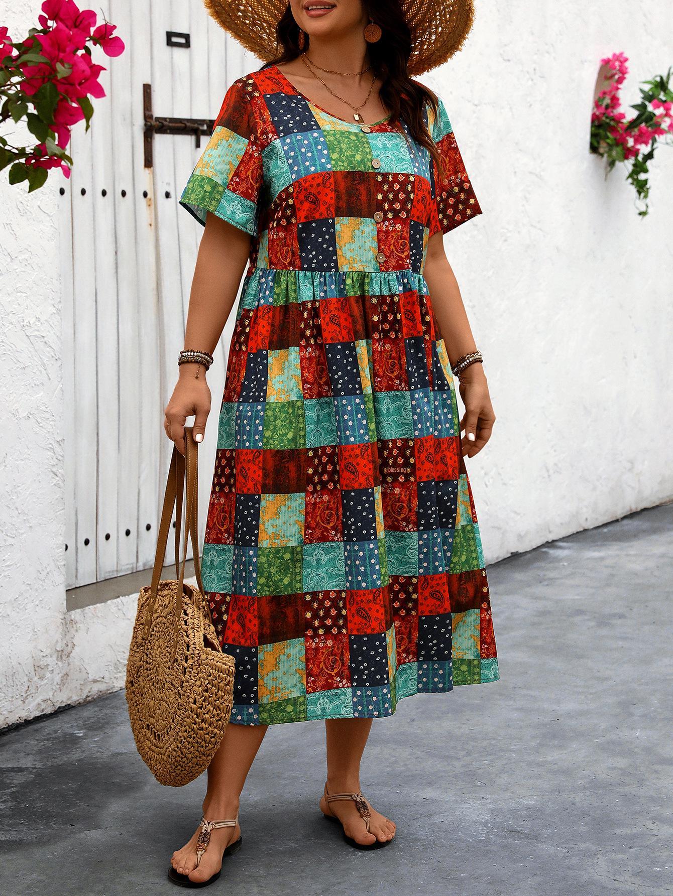 

Летнее платье больших размеров для европейских и американских женщин с круглым вырезом и принтом 4XL красный