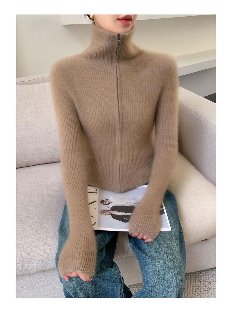 25 Premium Women's Baby Cashmere Cardigan, Double-Zipper Lapel Ribbed Sweater, Loose Wool Coat for Autumn/Winter.
