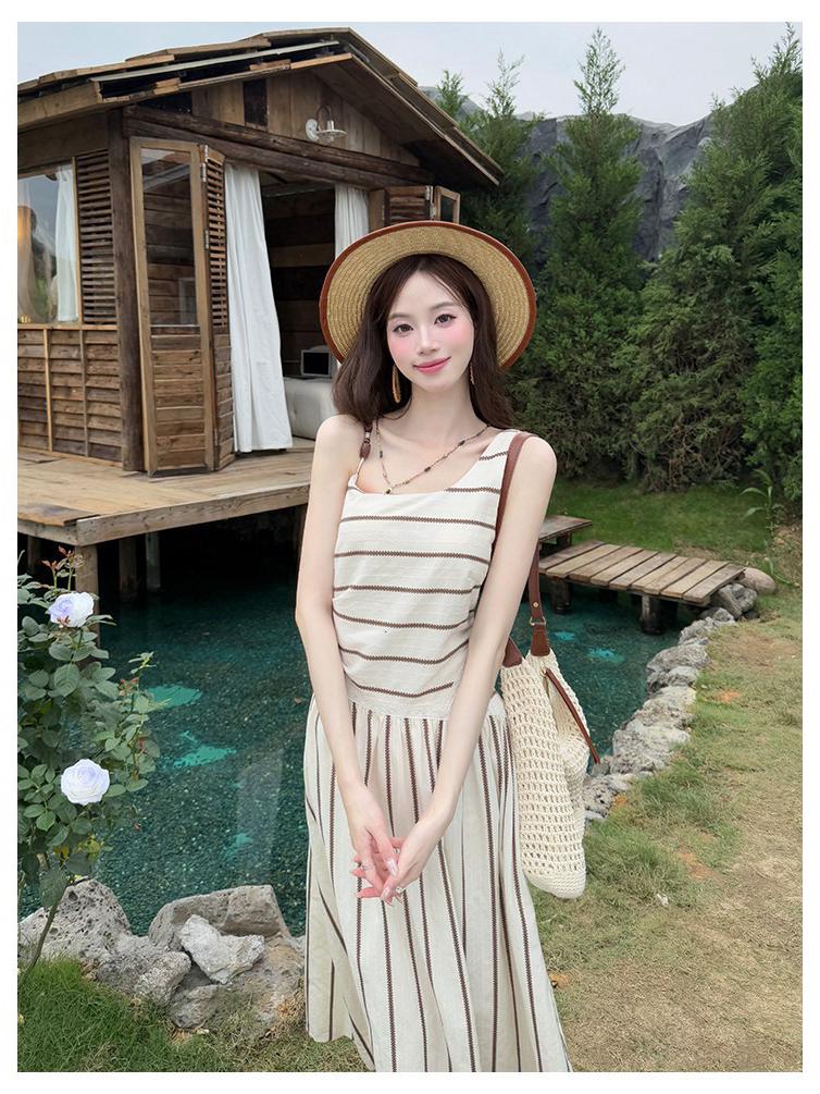 Women's Slim Fit A-line Summer Dress - French Stripe, Contrasting Colors, Elegant Waist Cinched Design