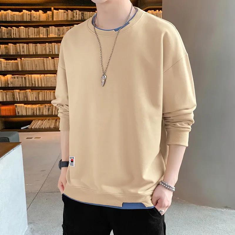 Men's Korean Style Loose Round Neck Long Sleeve Sweatshirt - Fake Two-Piece, Plus Velvet, Versatile Trendy Autumn/Winter Fashion Top