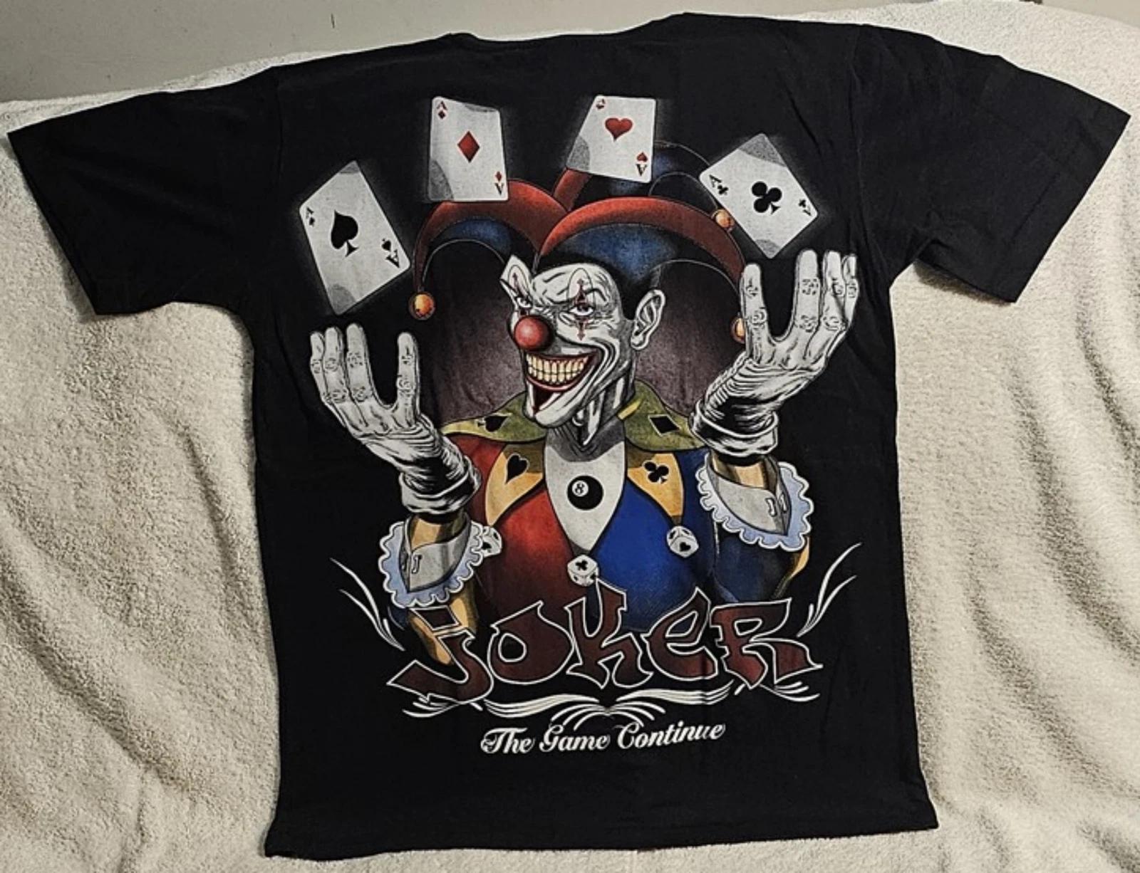

JOKER CARD ACES SPADE DICE EIGHT BALL GAMBLE CLOWN THE GAME CONTINUE T-shirt 2XL