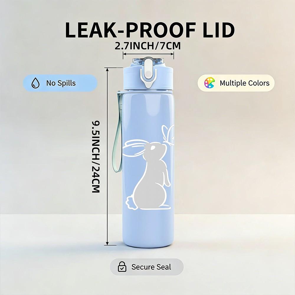 1PC White Rabbit Minimal Outline Print 750ml Color Plastic Sports Water Bottle Leakproof Flip Straw Lid Suitable for Sports Office Home Use