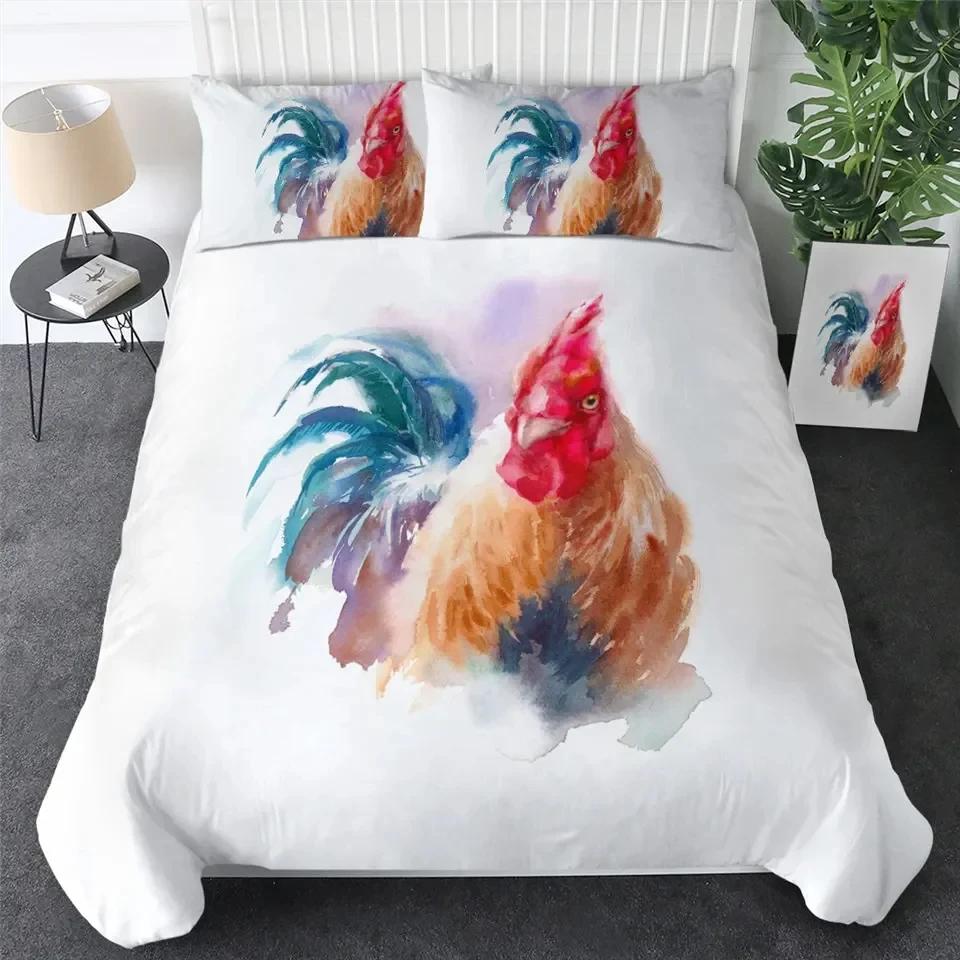 Chicken Duvet Cover King Queen Size Watercolor Rooster Bedding Set for Boys Teens Adults Farm Animal Polyester Comforter Cover