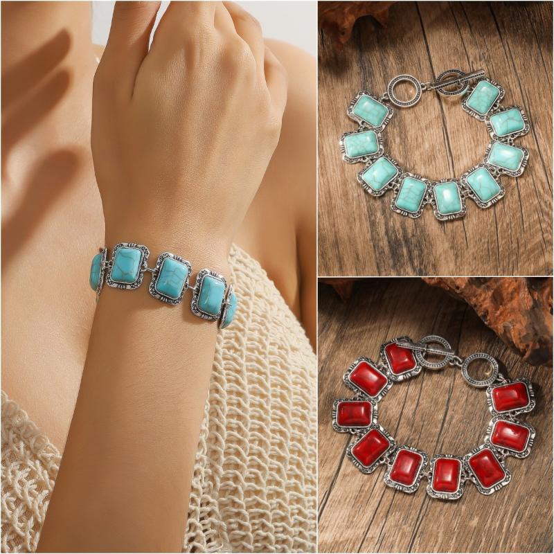 Retro Bohemian Ethnic Style Turquoise Personalized Geometric Carving Antique Silver Bracelet/Bangle For Women