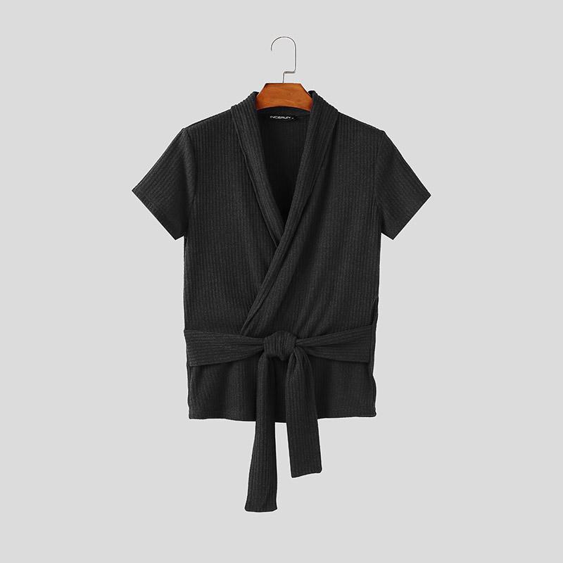 

INCERUN Мужские майки с V-образным вырезом, короткими рукавами, перекрестной повязкой спереди, рубчик, повседневные 4XL