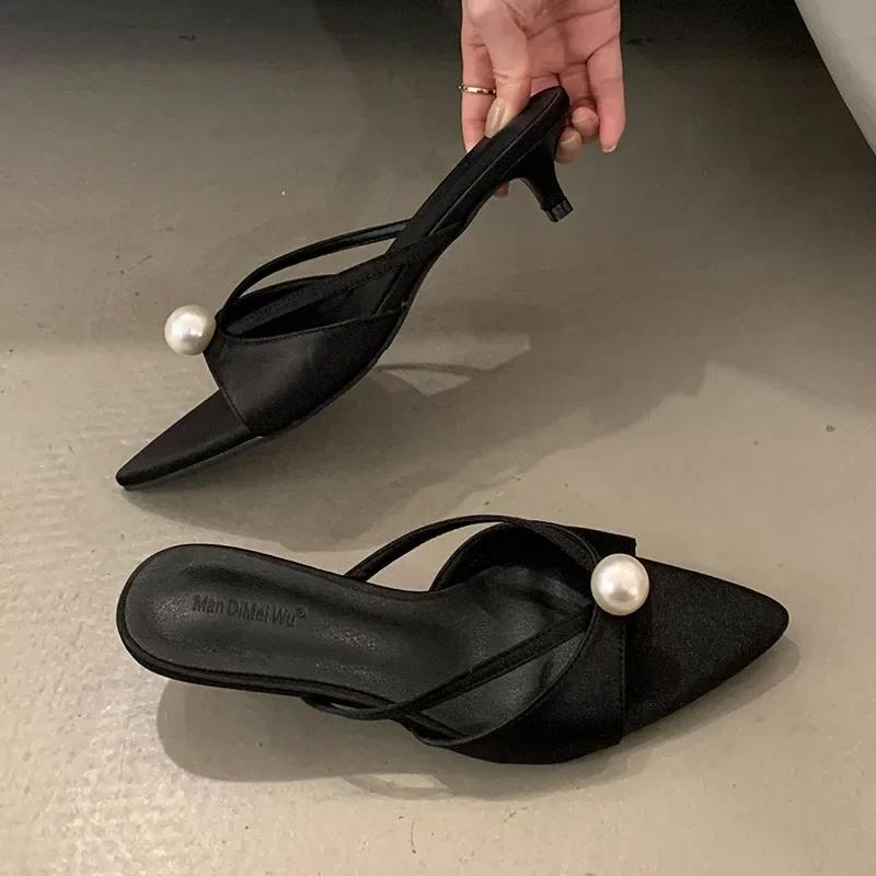 

Summer Open Toe Women Slippers Sexy Pointed Toe Slides Sandals Elegant Pearls Decoration Thin High Heels for Women 39 чорний
