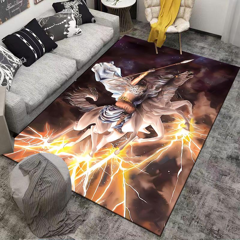 Dynamic Warrior on Horseback with Lightning and Dark Sky Theme Carpet Suitable for use as an anti-slip for living room bedroom sofas