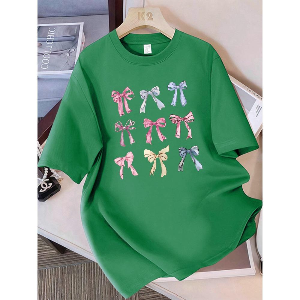 Summer T-shirt Women's Colorful Bow Printed Short Sleeve Comfortable Soft Round Neck Top Holiday Casual Women's Clothing