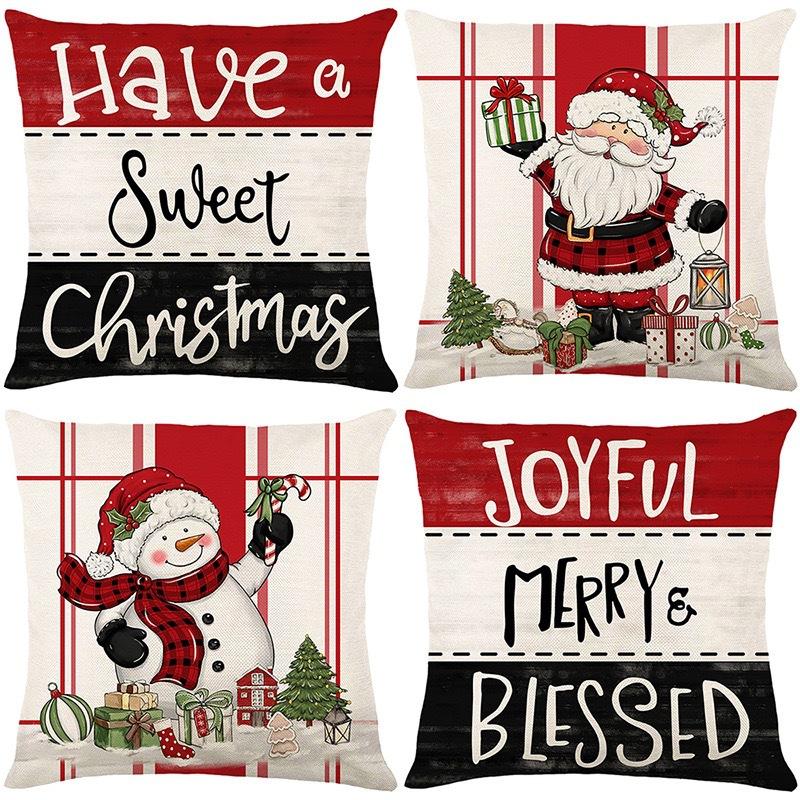 Christmas Theme Short Plush Pillow Cover Set Holiday Print Cushion Case for Living Room Sofa Home Decor 45x45cm