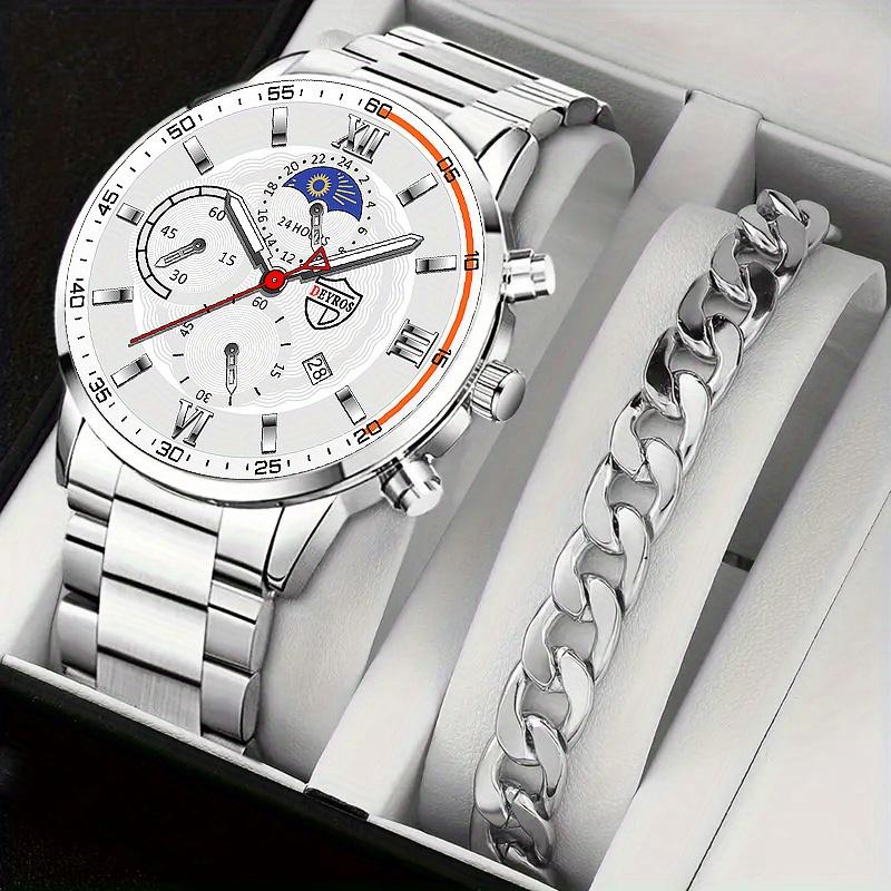 

2 шт./комплект 1 шт. Модные мужские повседневные кварцевые наручные часы из нержавеющей стали с круглым циферблатом и 1 шт. мужской браслет, лучшие подарки для него