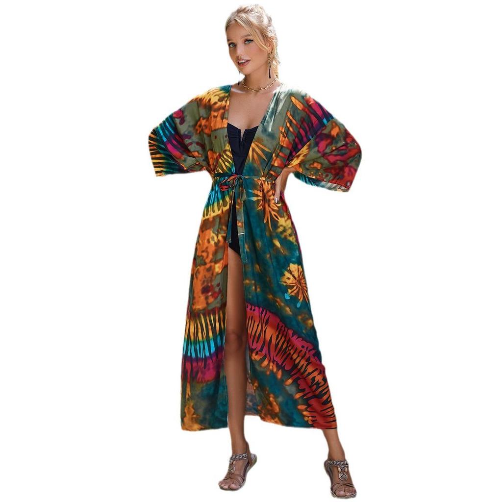 2023 European & American Rayon Waist Tie Beach Cover-up Sun Protection Cardigan for Women - Swimsuit and Bikini Outerwear