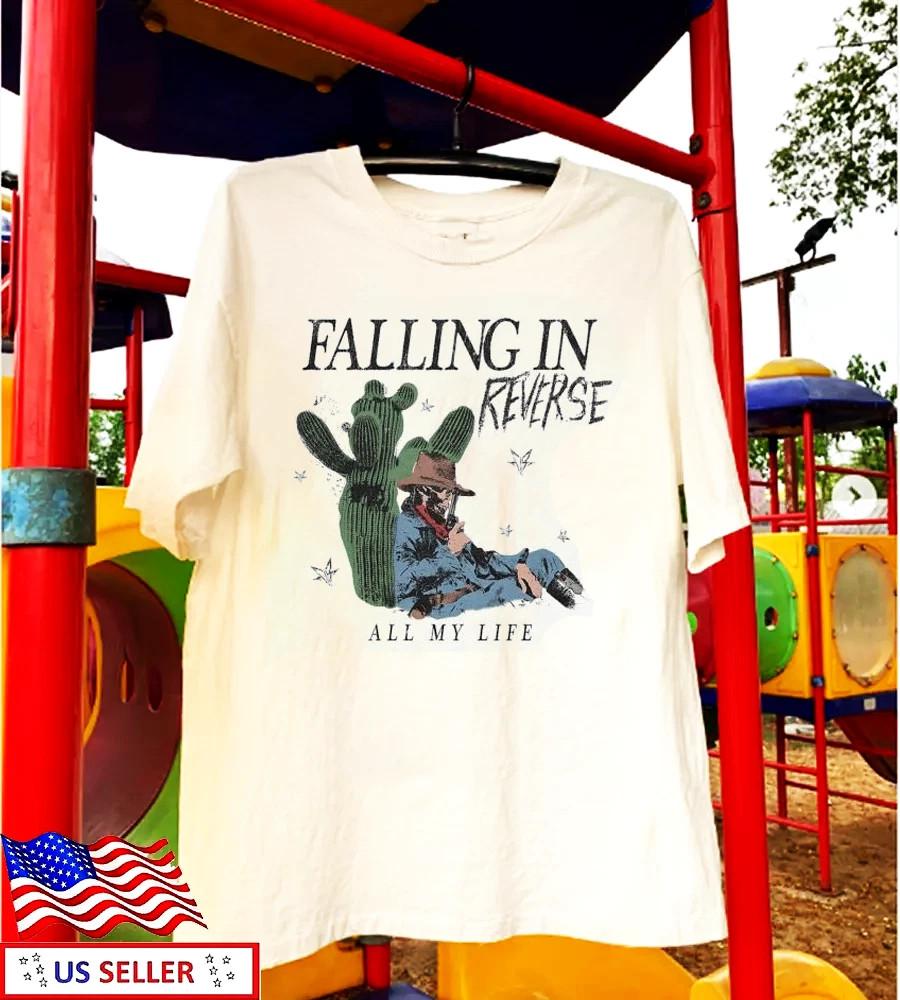 Новый! Falling In Reverse Футболка Всю мою жизнь Ковбой Скелет Кактус 2025 Унисекс Футболка XXXL