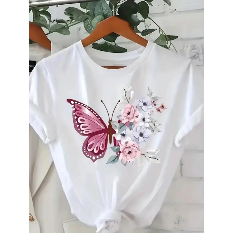 European Size Fashion Creative Print T-shirt, Spring and Summer Casual Short-sleeved Top, Fashion Round Neck Women's T-shirt