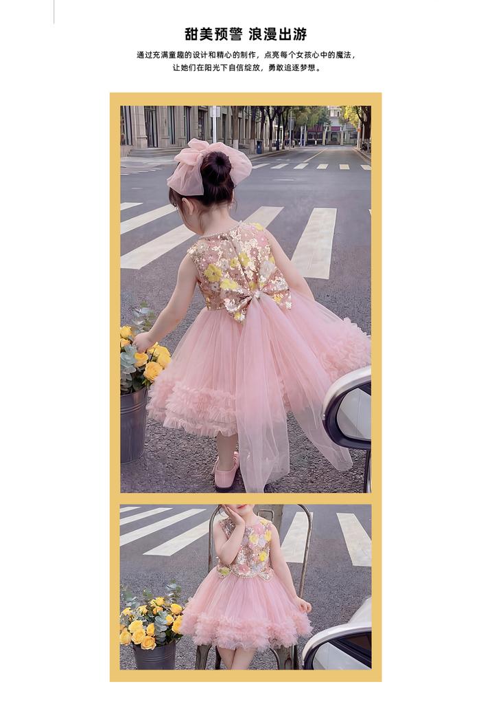 Girl's Pink Mesh Sleeveless Dress Summer Baby Girl Sweet Big Bow Dress Performance Princess Dress