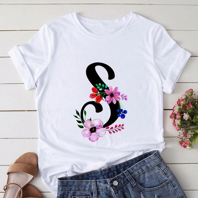 New Alphabet Print Women T Shirt Woman Harajuku Short Sleeve Tees Shirt Floral Letters T-Shirt Girl Summer Tee Top Femme Tshirt
