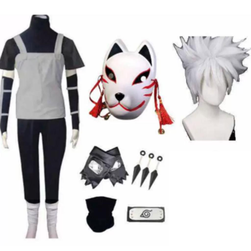 Anime Fourth Hokage Kakashi Hatake Cosplay Costume For Young Ninja, Includes Wig.
