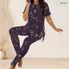 Women Plus Size Round Neck Short Sleeve Floral Printed Mint Green Two Piece Set Side Split Top Long Pants