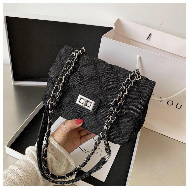 2024 Women's Small Textured Denim Crossbody Bag with Diamond Chain