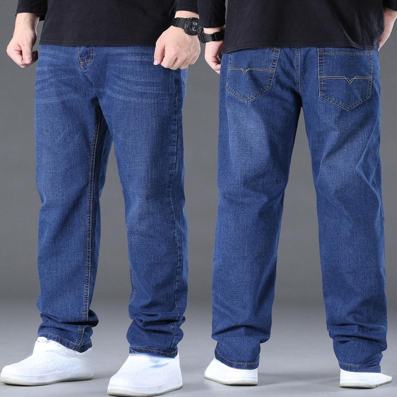 Große Herren-Jeans, locker, bequem, weites Bein, sportlich, gerade, elastisch, Freizeit, große Größe, Vier-Jahreszeiten-Modelle, lange Hose