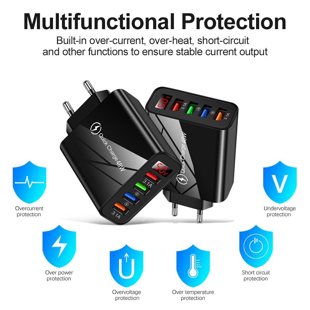 4 USB Real-time Variable Frequency LCD Digital Display Phone Charger Adapter 5V 48W Power Supply Quick Charger for Mobile Phone