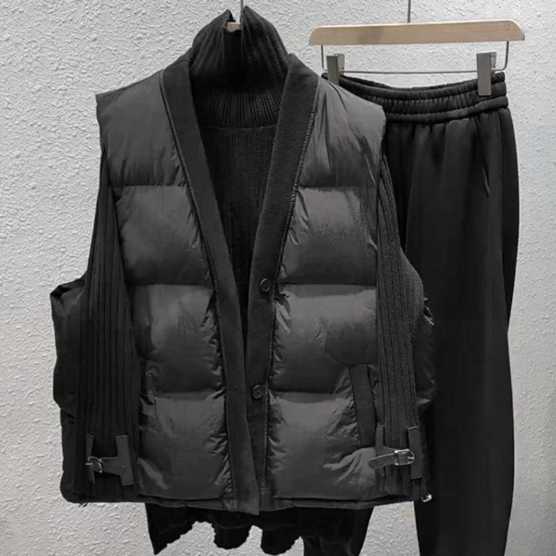 

Женский хлопковый жилет большого размера с V-образным вырезом и без рукавов, с подплечниками - осенне-зимний однобортный жилет L чёрный