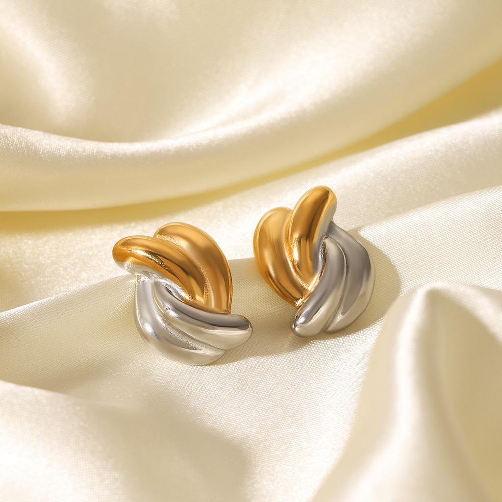 Gold and Silver Color-block Stainless Steel Earrings, Twisted Stud Design, Fashionable and Unique Titanium Steel Ear Jewelry