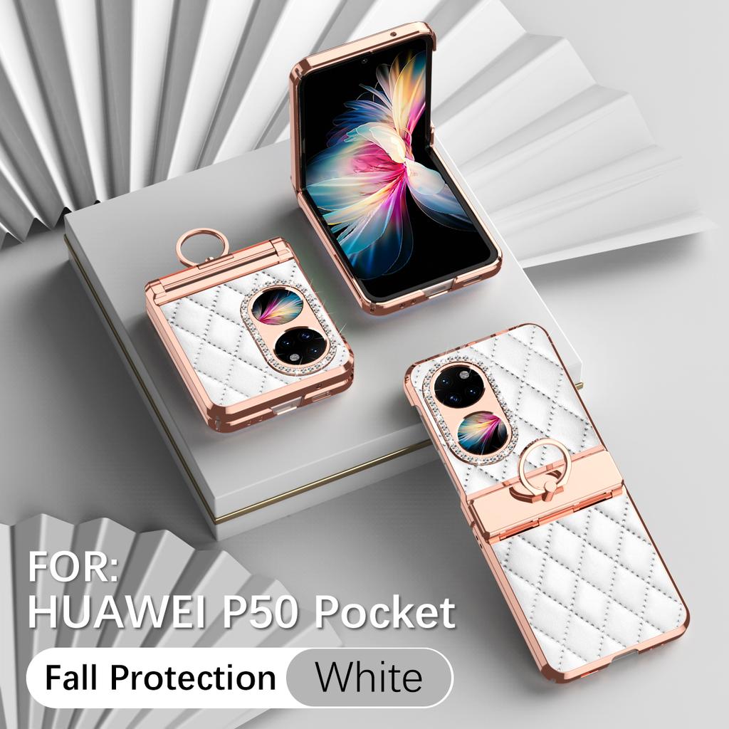 Luxury Fashion Diamonds Leather Plating Ring Holder Phone Case For Huawei P50 Pocket Hinge Full Protection Case Cover