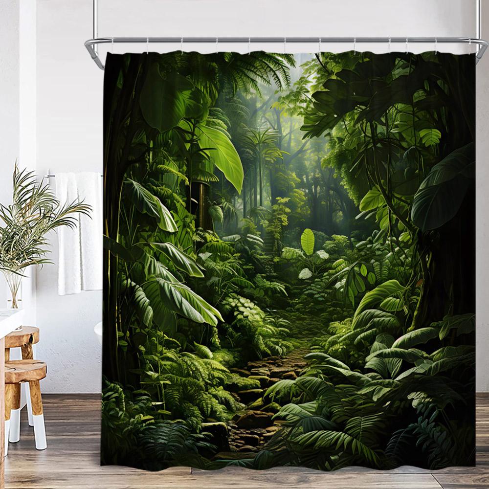 Natürliche Landschaft Wasserfall Wald Duschvorhang Landschaft Grüne Blätter Pflanzen Badezimmer Dekor Polyester Duschvorhang für Zuhause