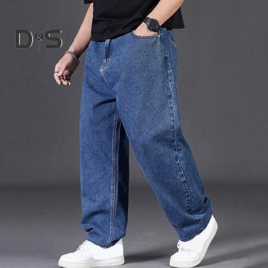Men Jeans High Waist Solid Color Spliced Denim Pants with Pockets Straight Wide Leg Long Pants Daily Wear