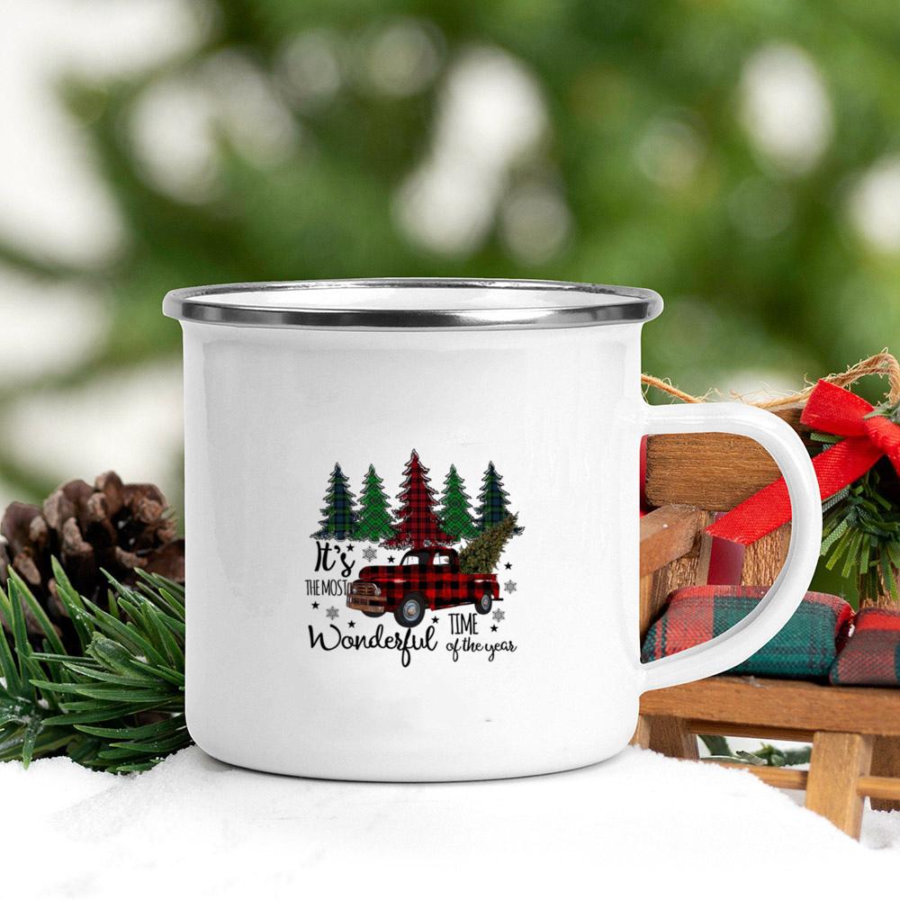Santa Deer Truck Print Creative Enamel Cups Christmas Party Drink Juice Hot Cococ Cup Mugs Handle Mug Gifts for Family Friends