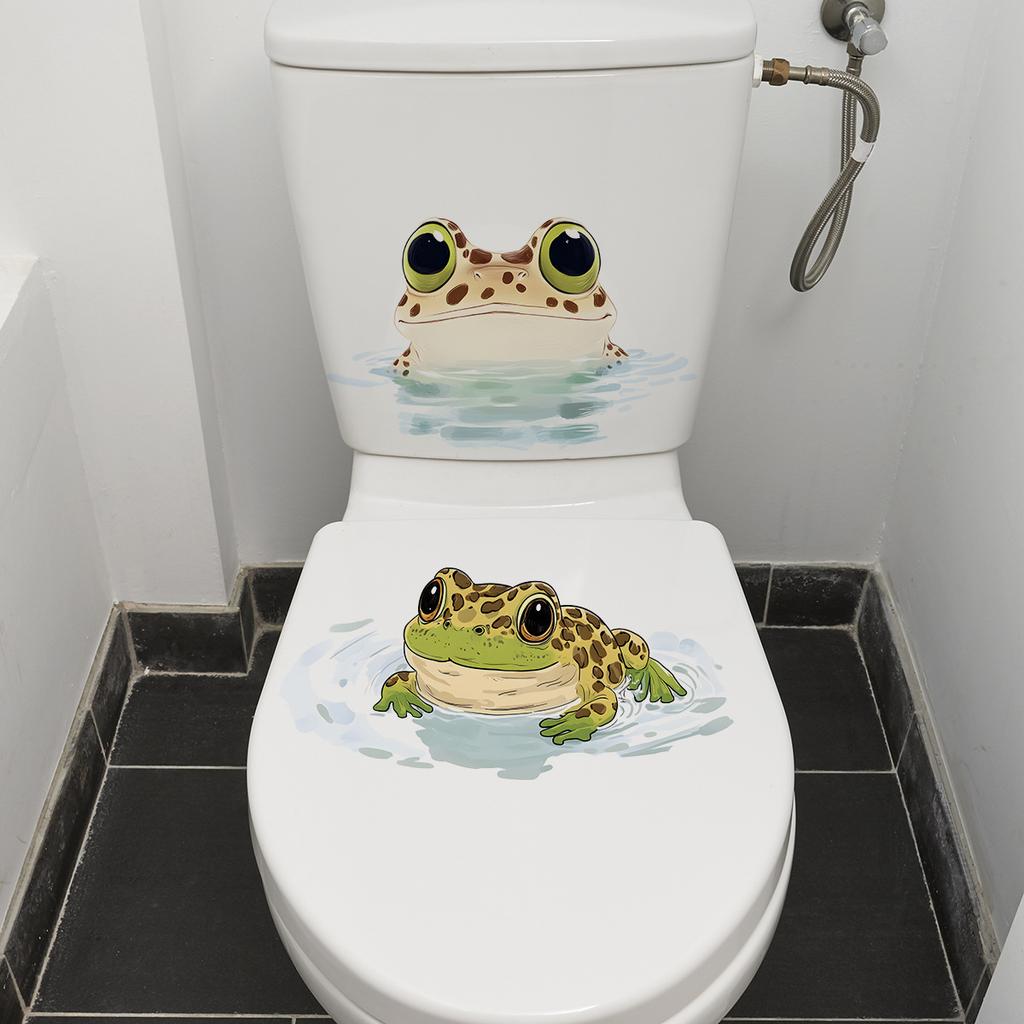 Playful Cartoon Frog Toilet Seat Sticker Waterproof Self-Adhesive Removable Decal for Bathroom WC Decoration