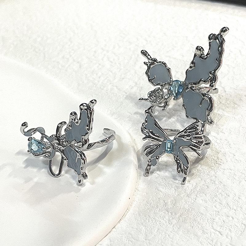Haze Blue Butterfly Snake Ring Zircon Niche Design French Personality Light Luxury High Sense Open Ring