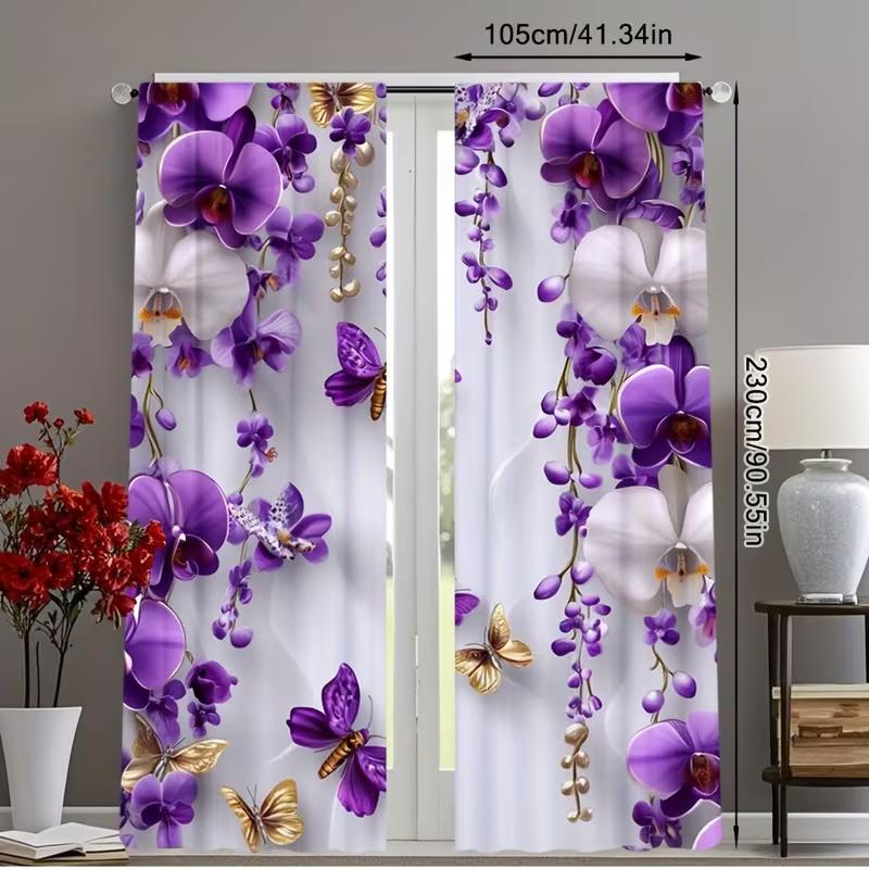 2 Pcs Butterfly Orchid Print Curtains,suitable for Bedroom,living Room Kitchen Decoration,home Decoration,window Decoration