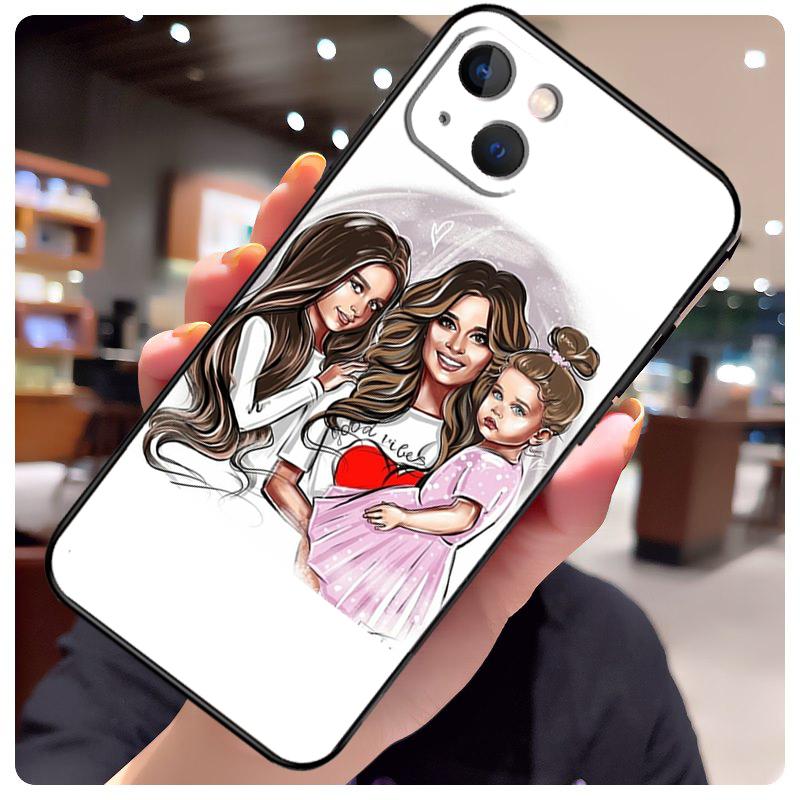 Black Brown Hair Baby Mom Girl Son Case For iPhone 15 Pro Max 14 13 12 11 16 17 Pro Max mini 15 16 Plus 16e 17 Air Phone Cover