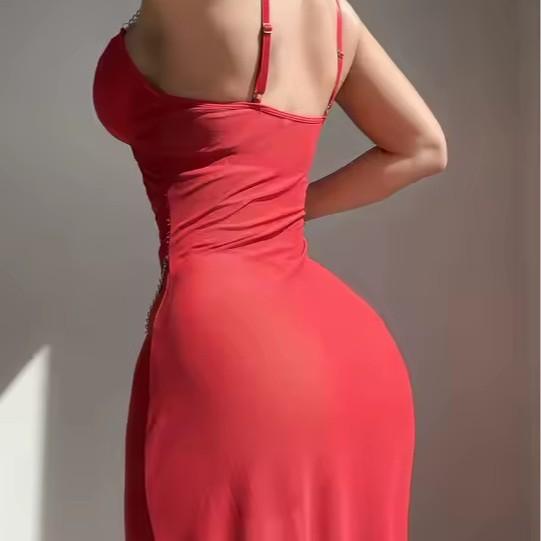 Neue sexy Pyjama-Trägernachthemd Rotes Kleid tiefer V-Ausschnitt beliebte Damen