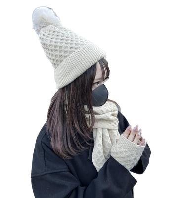 Knit Aran Cold Heat Fluffy Brushed Knit Cold Cold Gift [$ole Only] Muffler, Gloves, Hat, 3-piece Set, Stylish, Pattern, Winter, Protection, Retention,