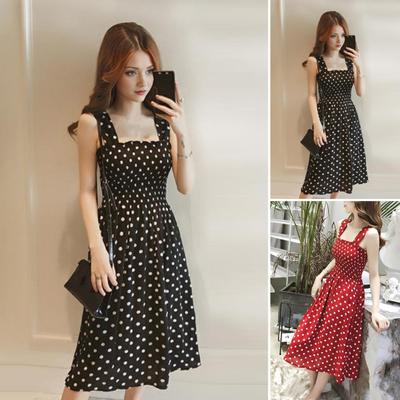 Summer Women Dress Dot Print Sleeveless Elastic Bust Square Neck A-line Big Hem Pleated Mid-calf Length Dating