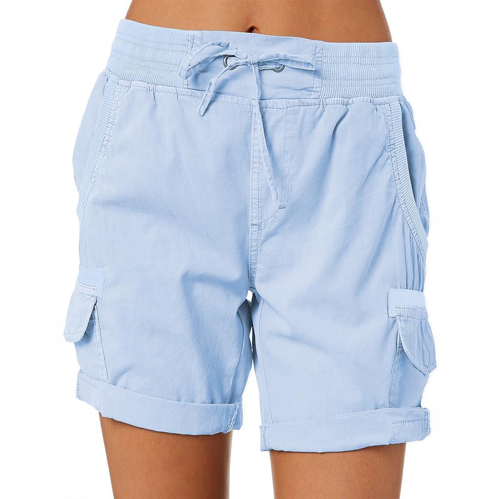 Women's Solid Color Fashionable Pocket Drawstring Casual Workwear Pants Loose Elastic Waist Shorts